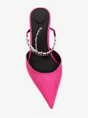Alexander Wang Hot Pink Pointed Toe Slip-On Mules with Crystal Logo Strap